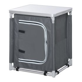 Camping Kitchen Station, Aluminum Camping Table Cook Cupboard with 2-Shelf and Carrying Bag for BBQ Party Picnics, Grey